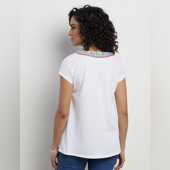 Soft Surroundings White V-neck Izabel Embroidered Jersey-Knit Blouse Size Medium - Picture 3 of 3